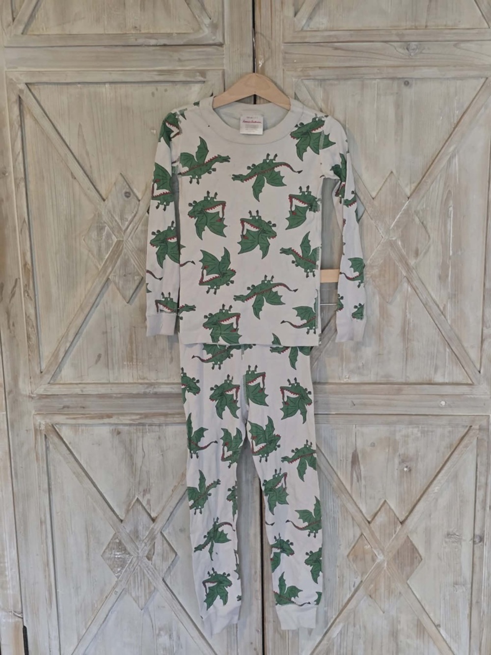 Hanna Andersson Cream Pajamas with Green Dragon Print